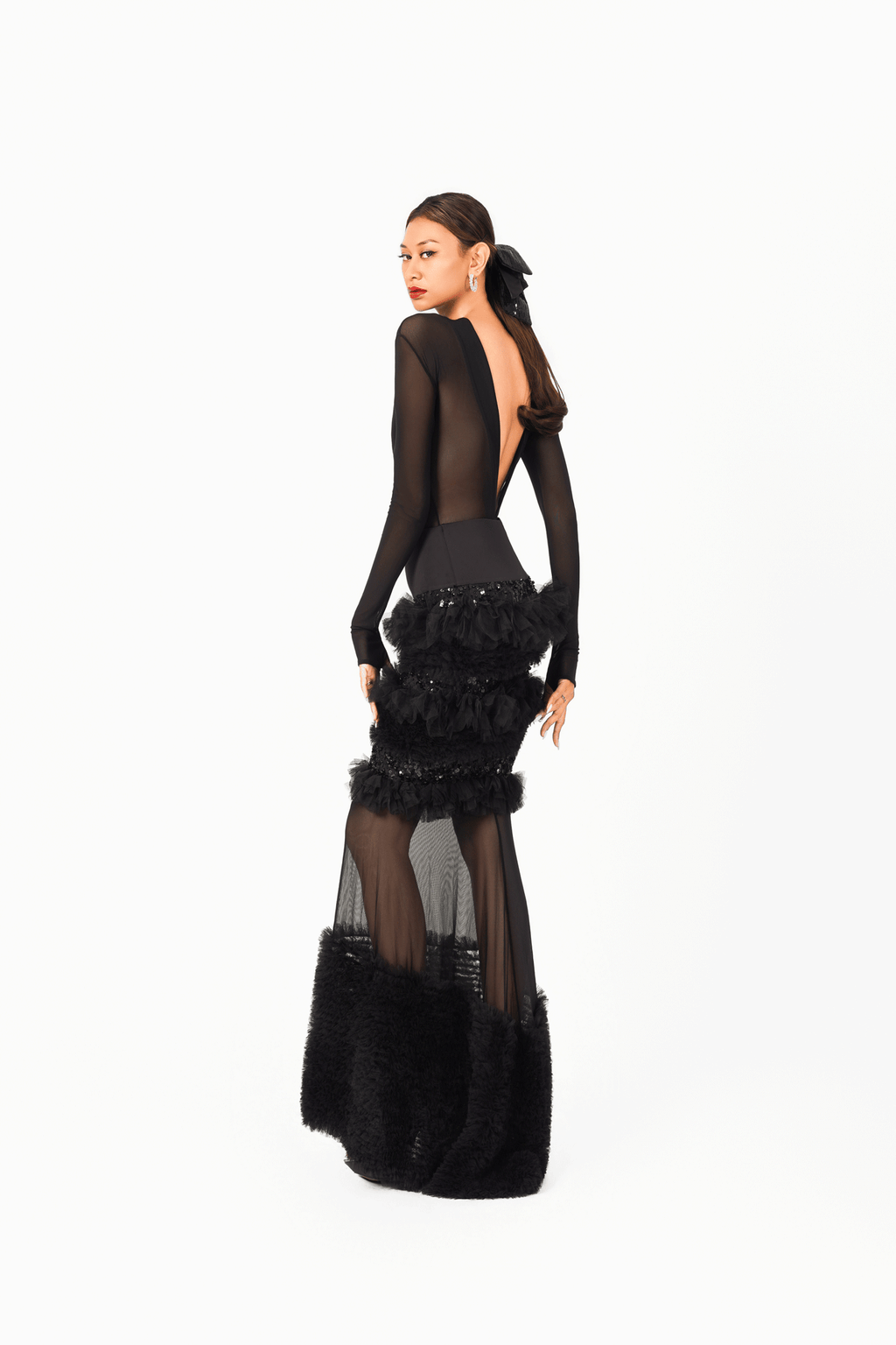 Beaded Tulle Ruffles Long Skirt
