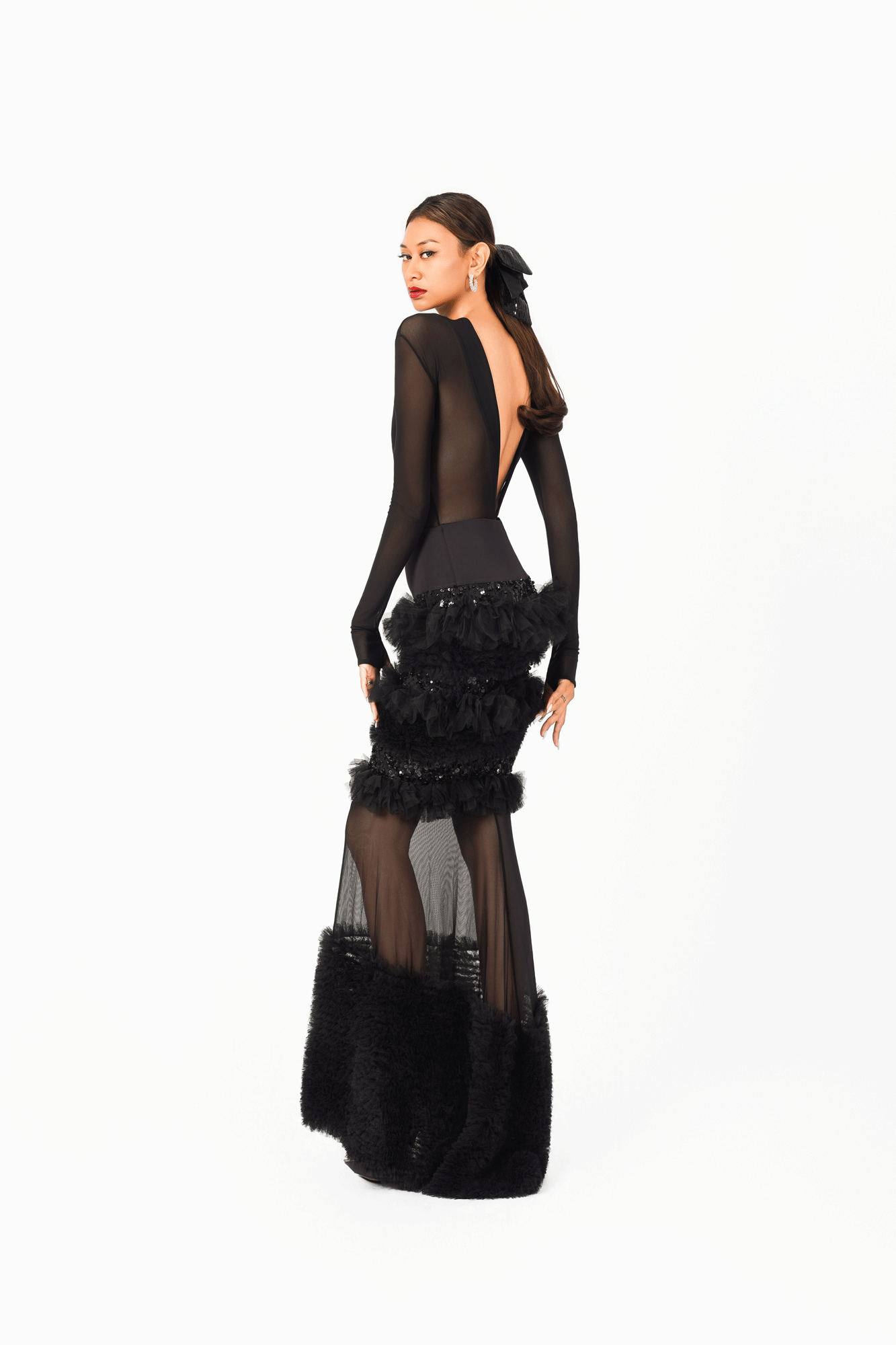 Beaded Tulle Ruffles Long Skirt