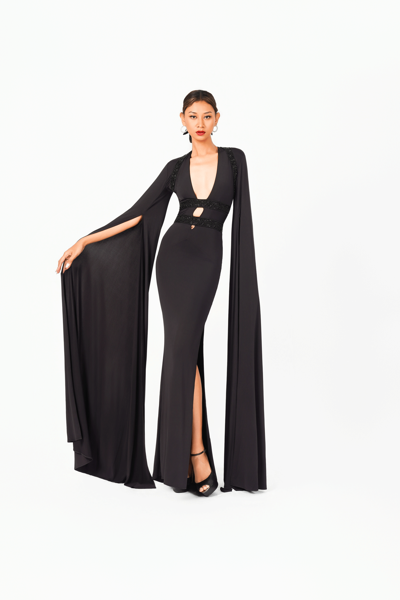 Long Sleeves V-Neck Evening Dress