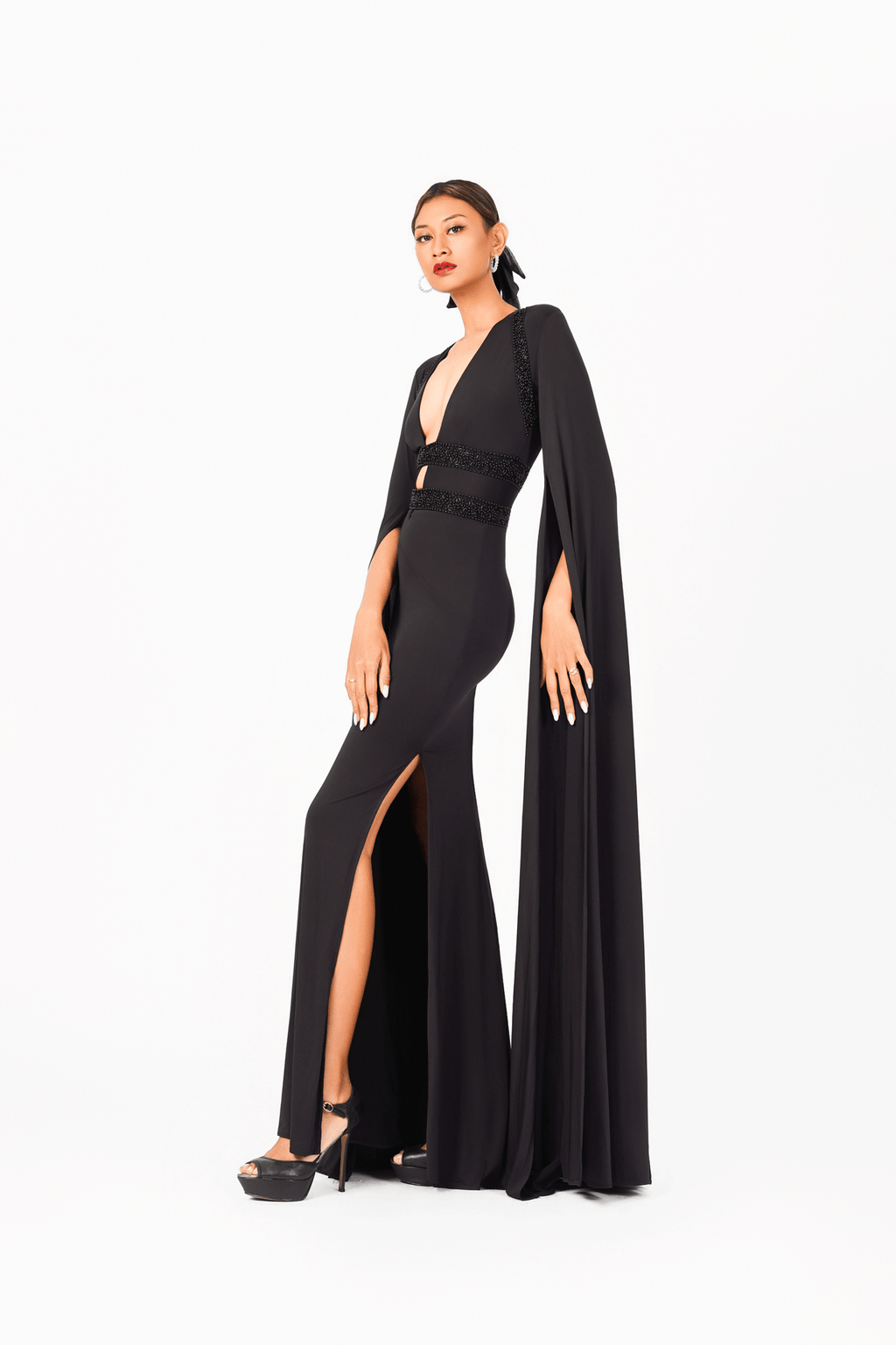 Long Sleeves V-Neck Evening Dress