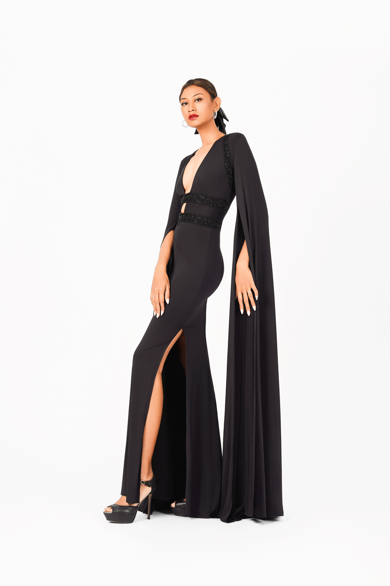 Long Sleeves V-Neck Evening Dress