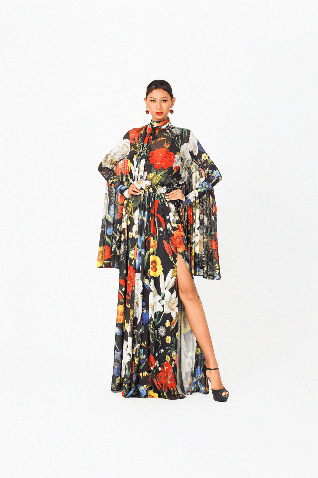 Turtle Neck Long Sleeves Draped Evening Dress