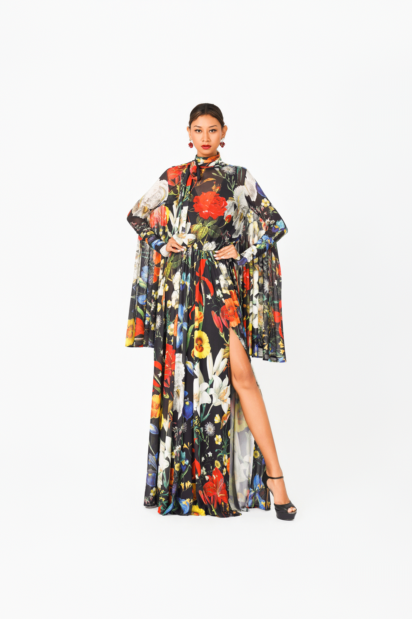 Turtle Neck Long Sleeves Draped Evening Dress