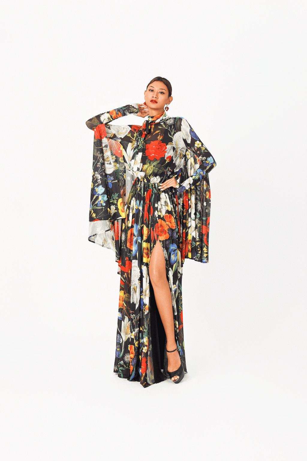 Turtle Neck Long Sleeves Draped Evening Dress