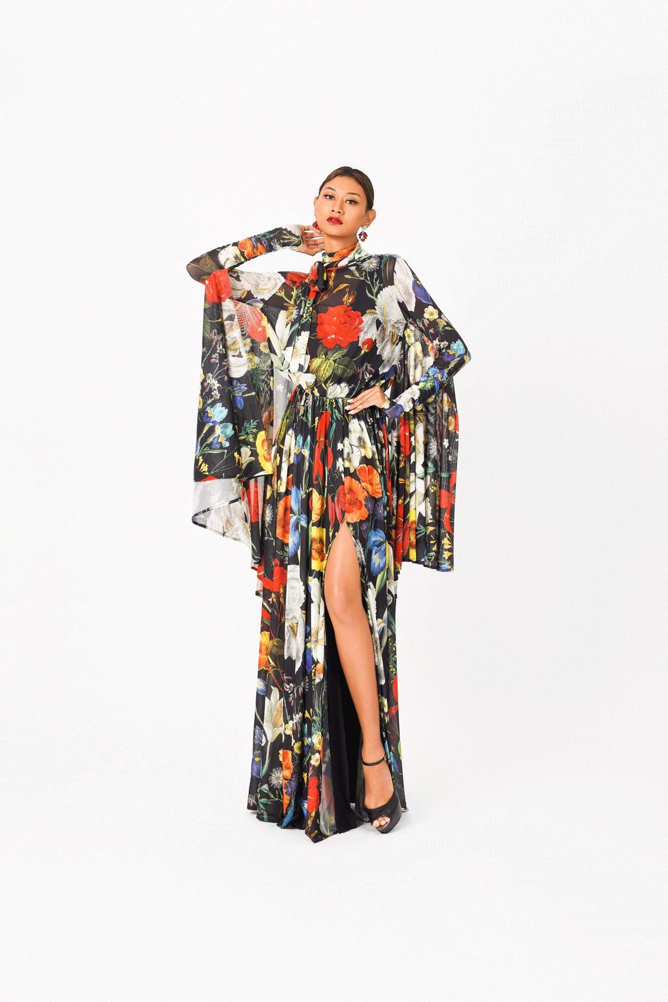 Turtle Neck Long Sleeves Draped Evening Dress