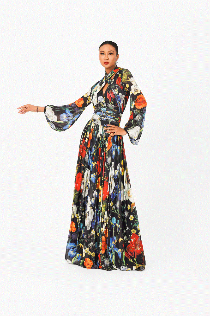 Deep-V Long Sleeves Evening Dress
