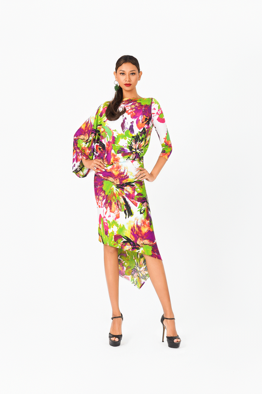 Boat Neck Long Sleeves Floral Dress