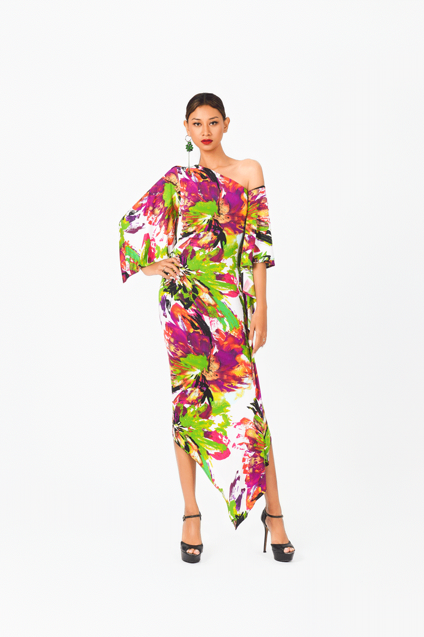 Asymmetric Floral Print Evening Dress