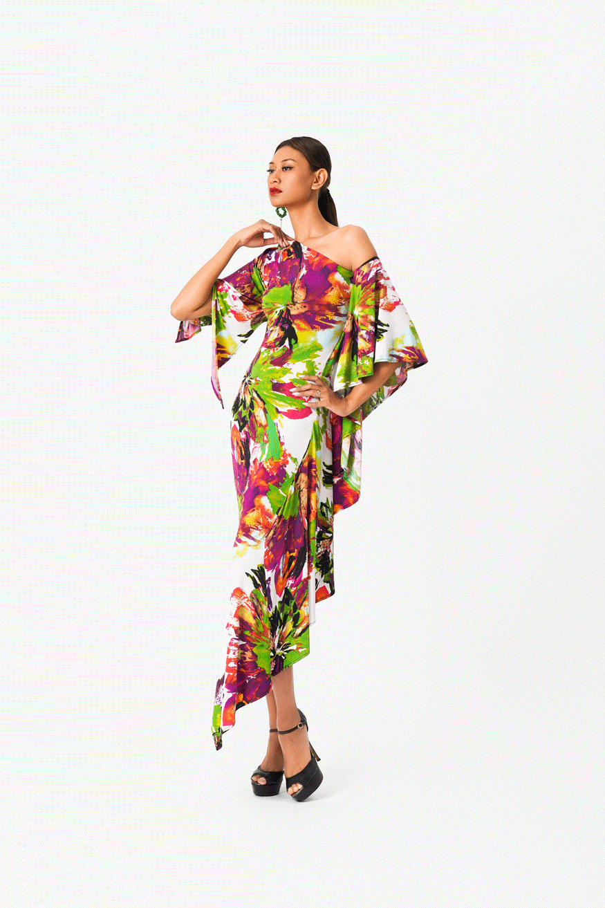 Asymmetric Floral Print Evening Dress