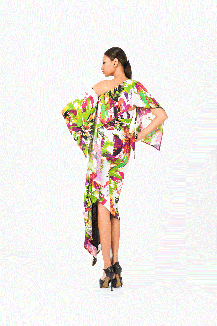 Asymmetric Floral Print Evening Dress