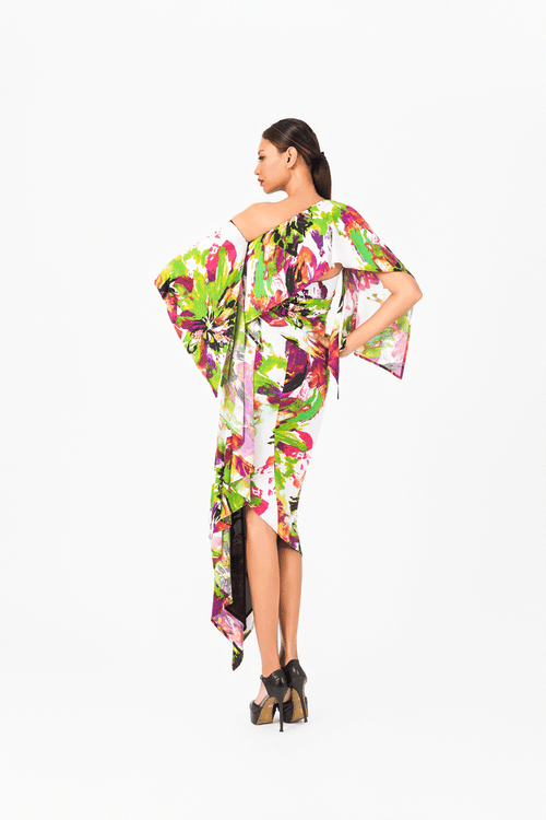 Asymmetric Floral Print Evening Dress