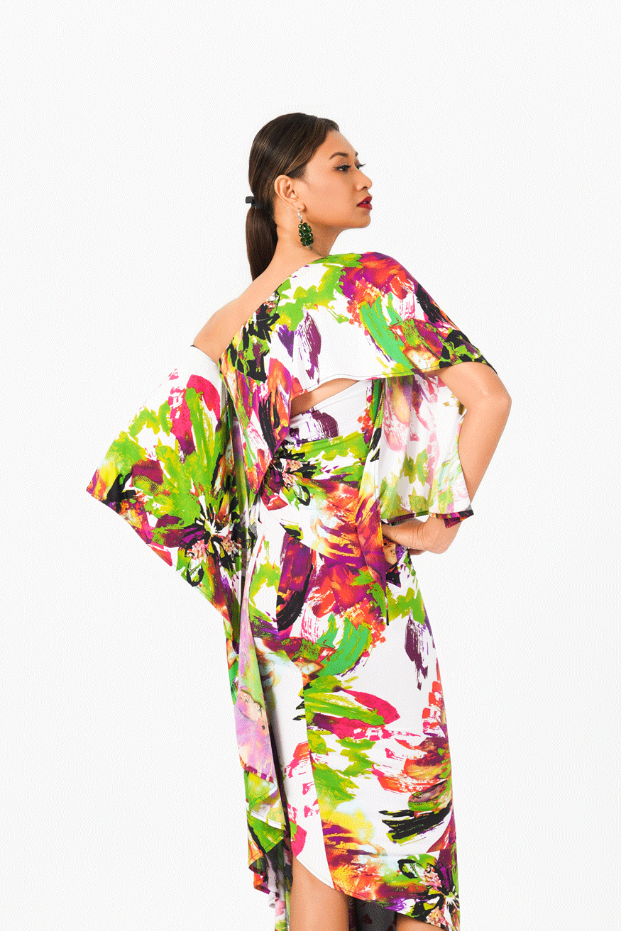 Asymmetric Floral Print Evening Dress