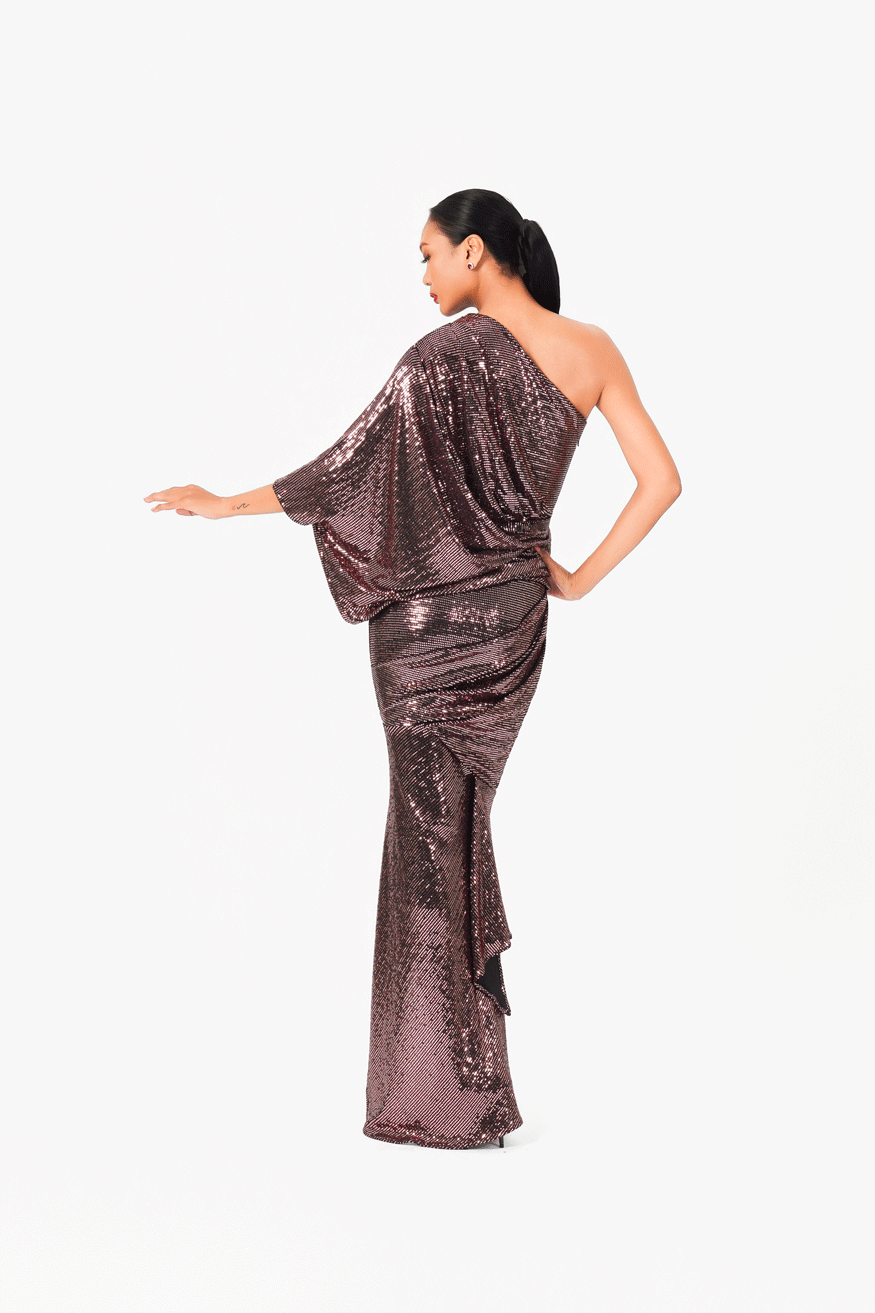 Asymmetric Bat Wing Sleeve Evening Dress