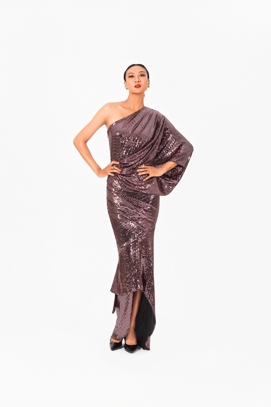 Asymmetric Bat Wing Sleeve Evening Dress