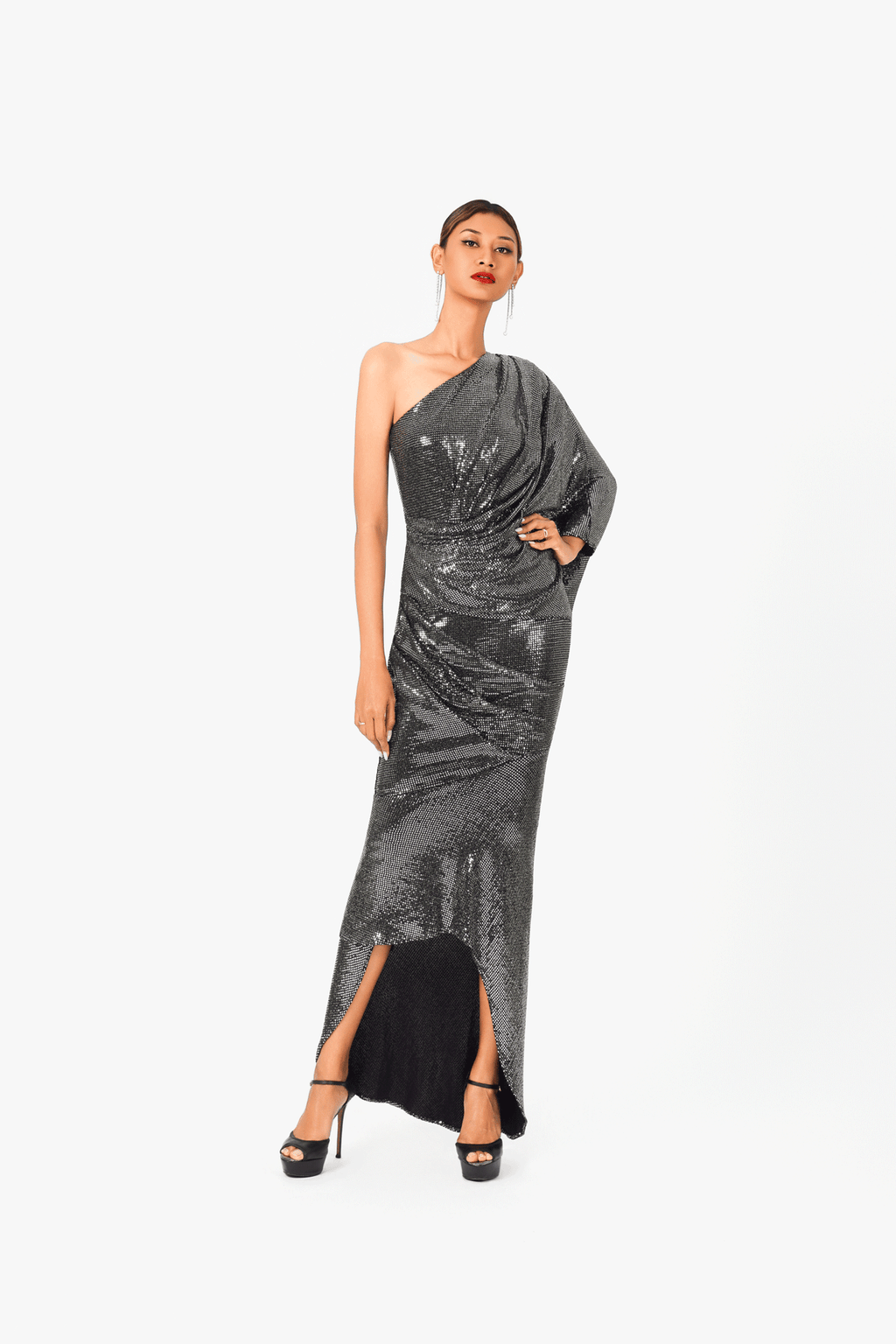 Asymmetric Bat Wing Sleeve Evening Dress