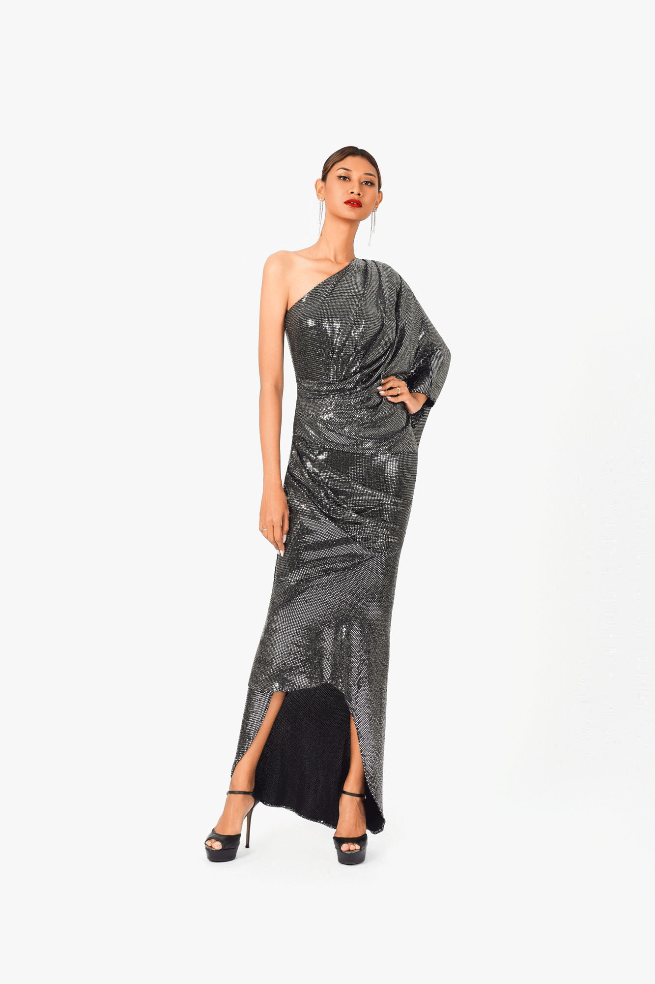 Asymmetric Bat Wing Sleeve Evening Dress