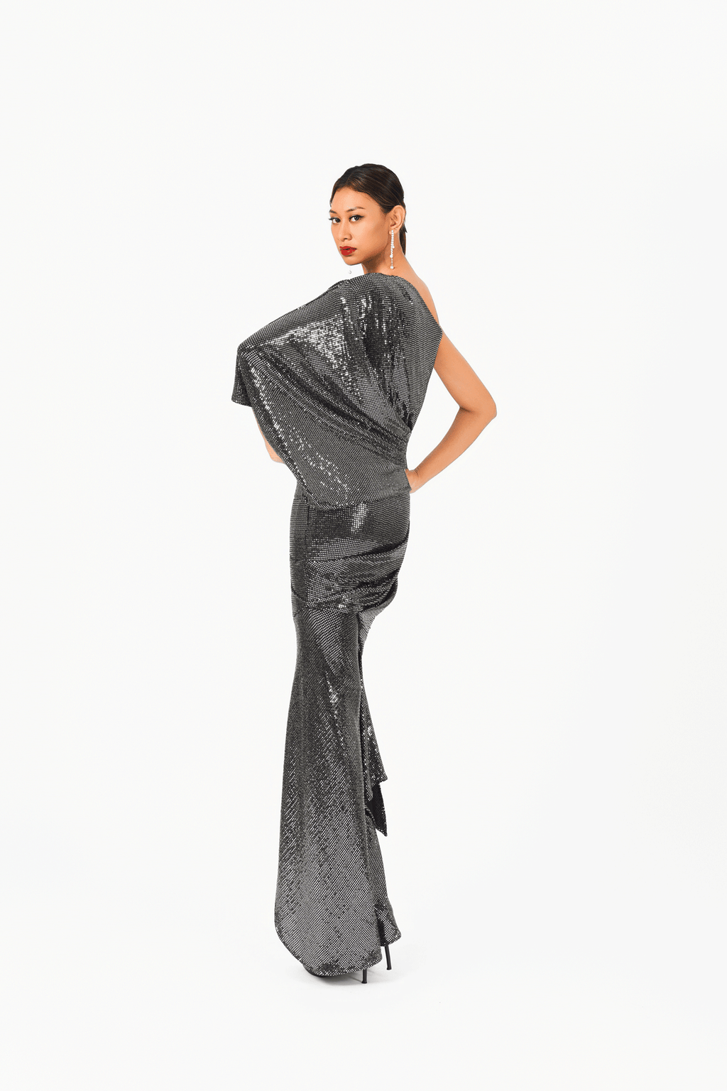 Asymmetric Bat Wing Sleeve Evening Dress