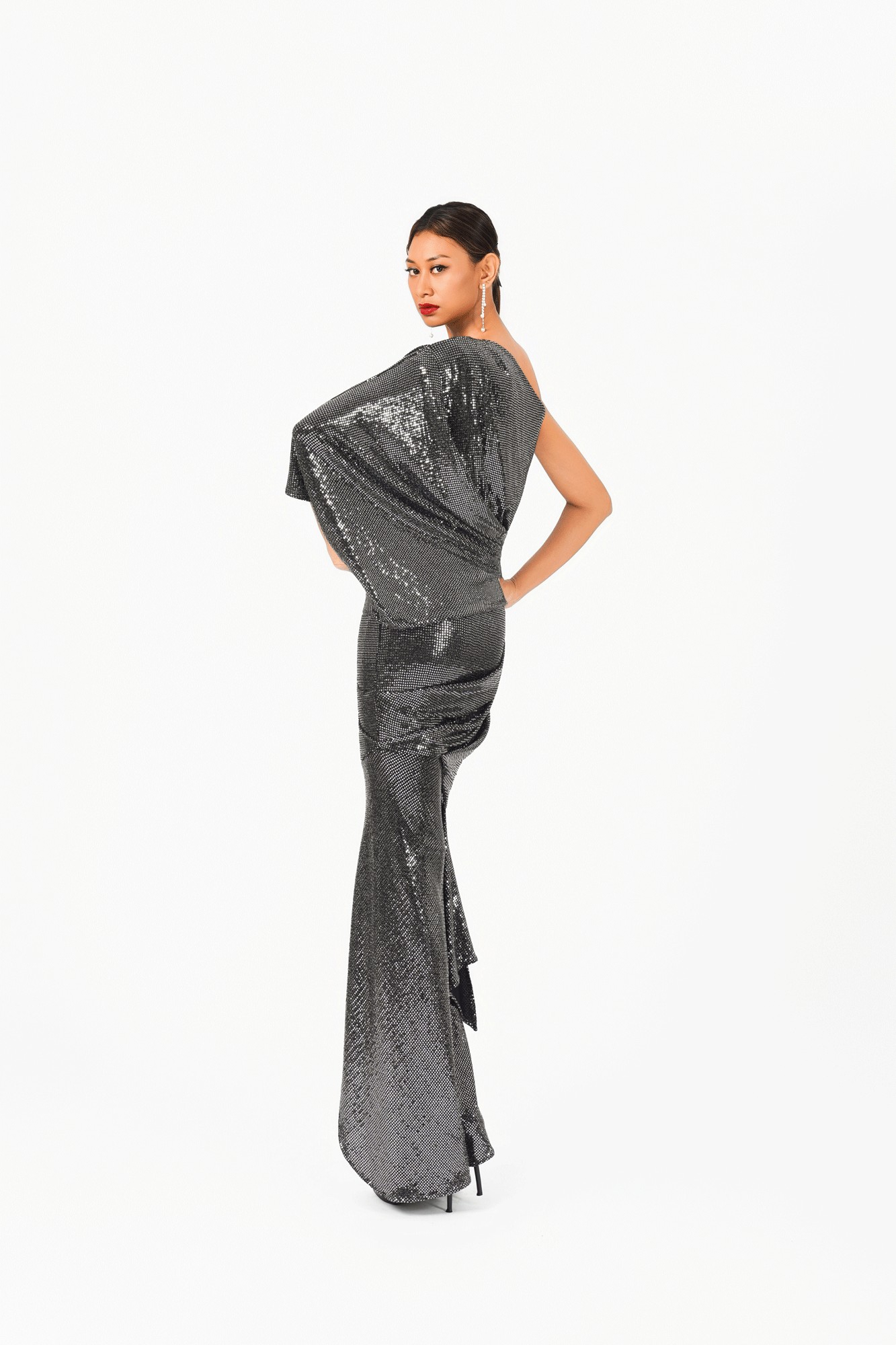Asymmetric Bat Wing Sleeve Evening Dress