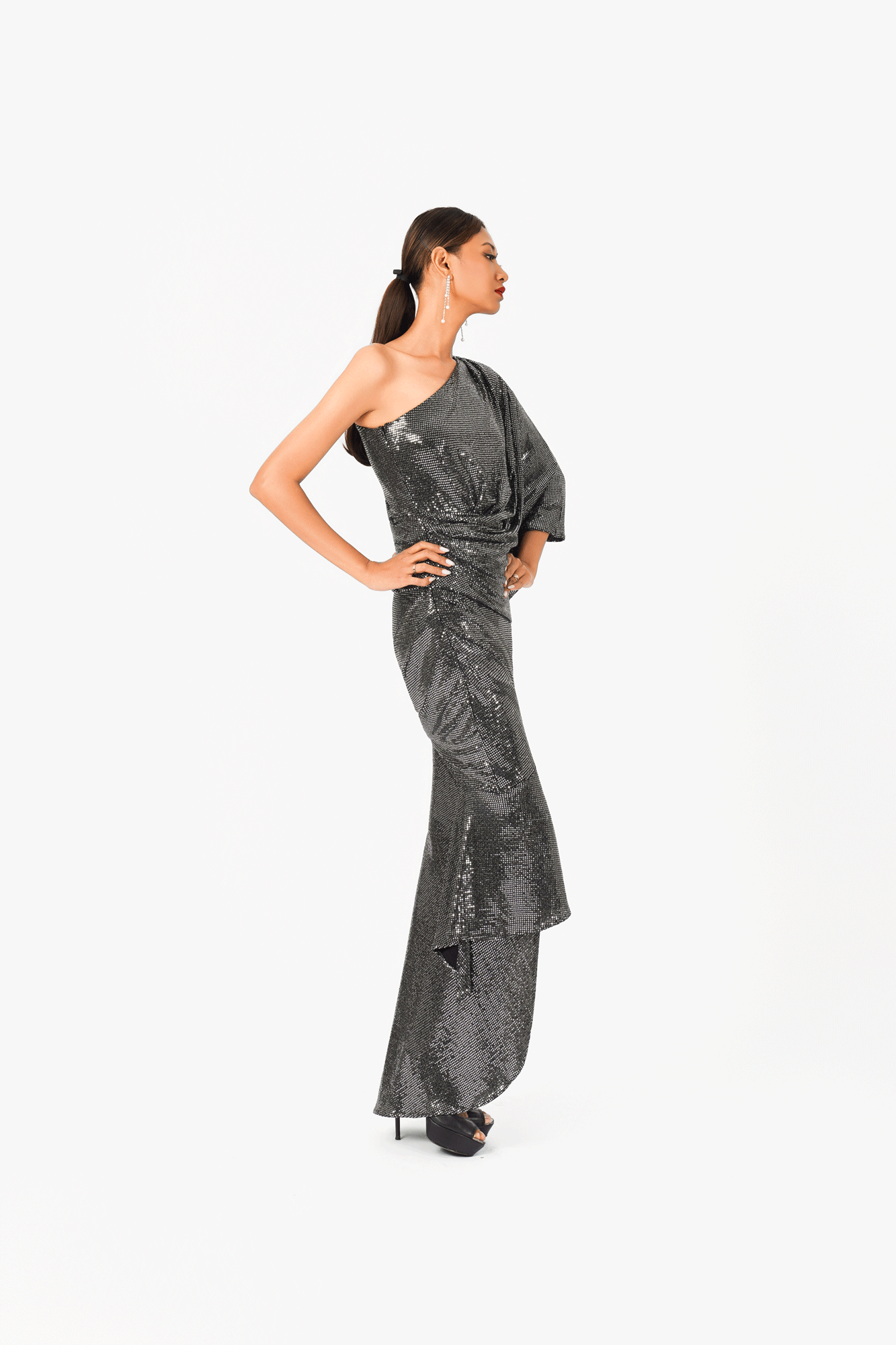 Asymmetric Bat Wing Sleeve Evening Dress