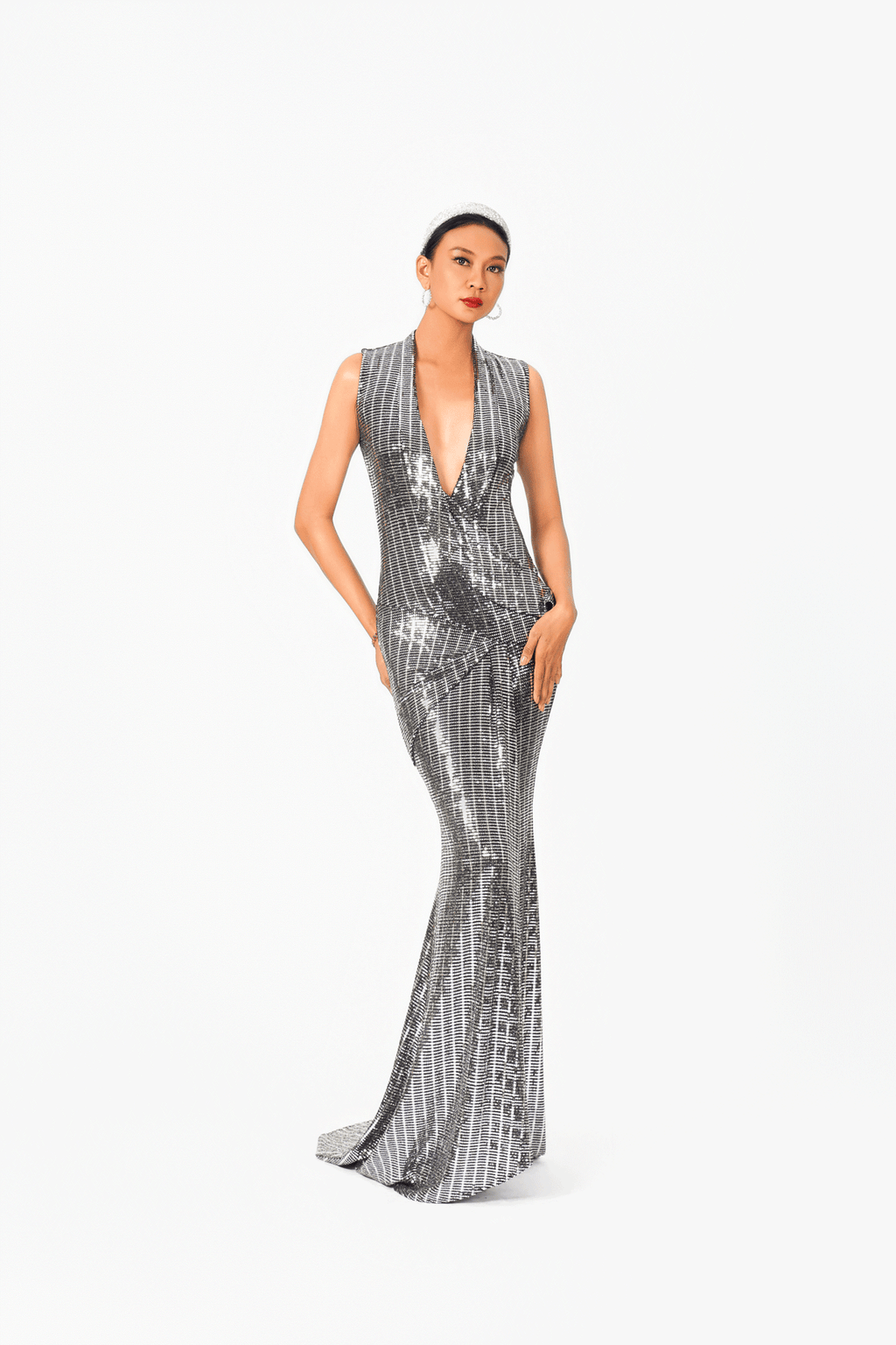 Deep-V Collar Evening Dress