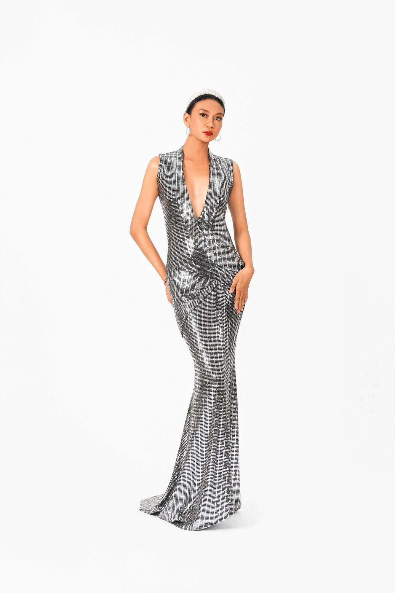 Deep-V Collar Evening Dress
