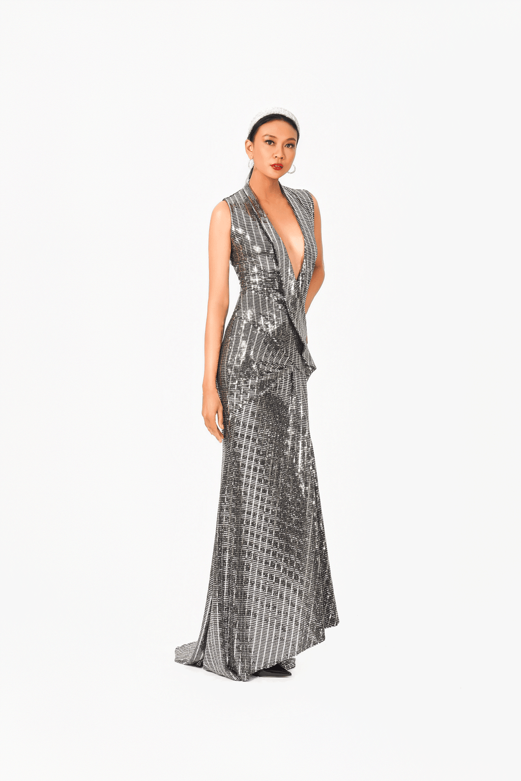 Deep-V Collar Evening Dress