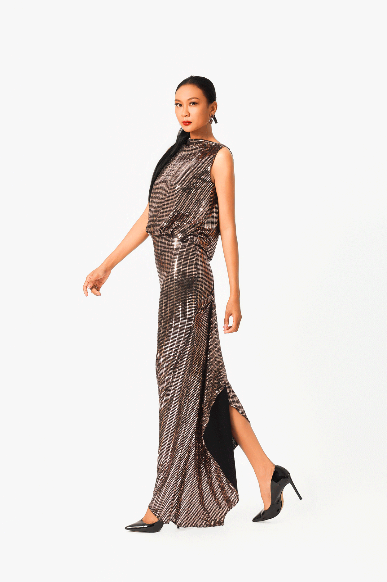 Sleeveless Open Back Slit Evening Dress