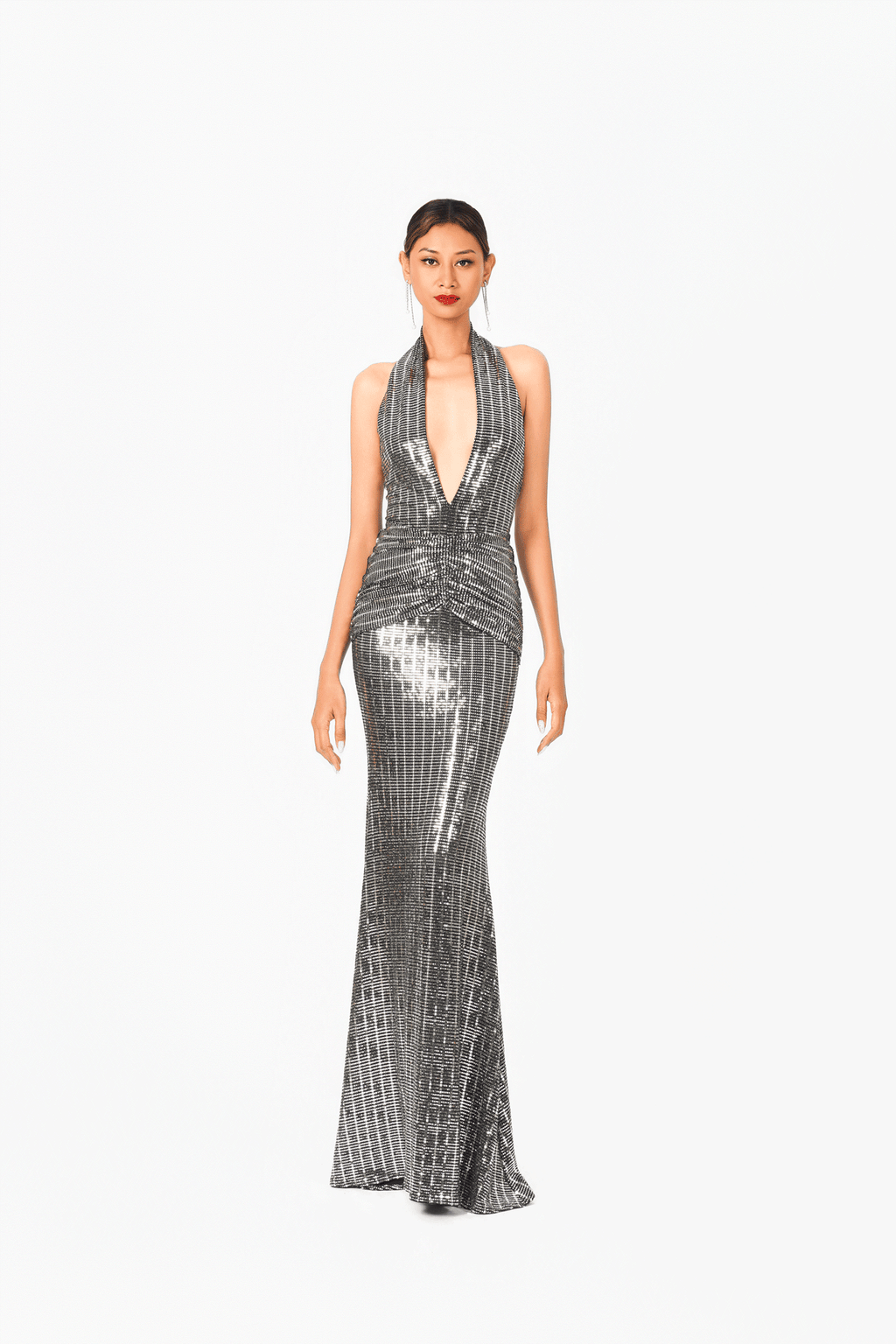 Deep-V Pleated Evening Dress