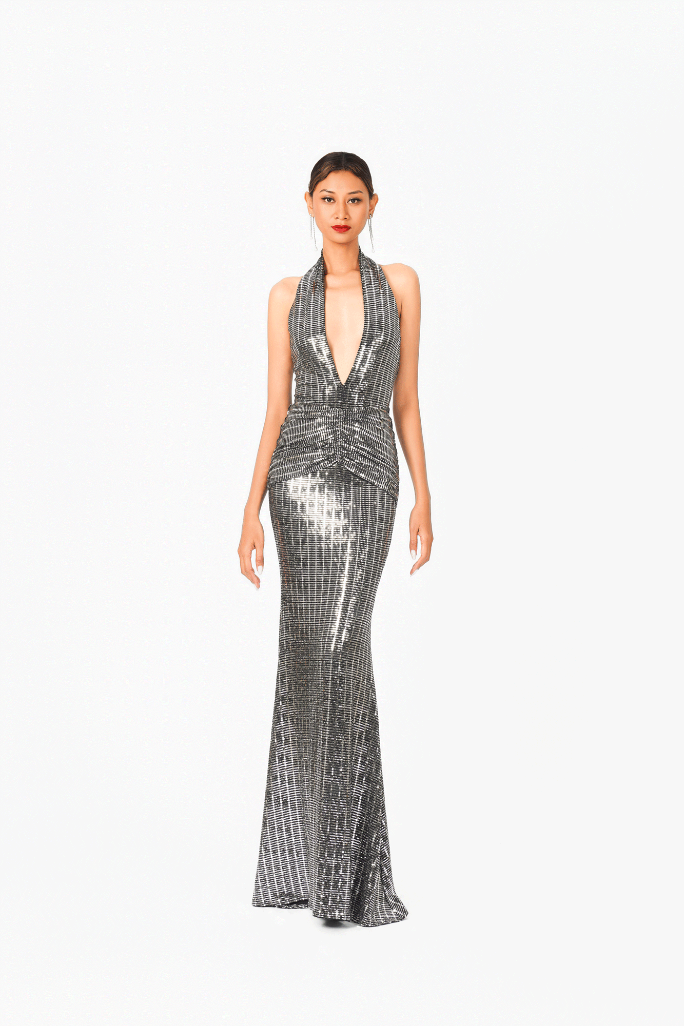 Deep-V Pleated Evening Dress