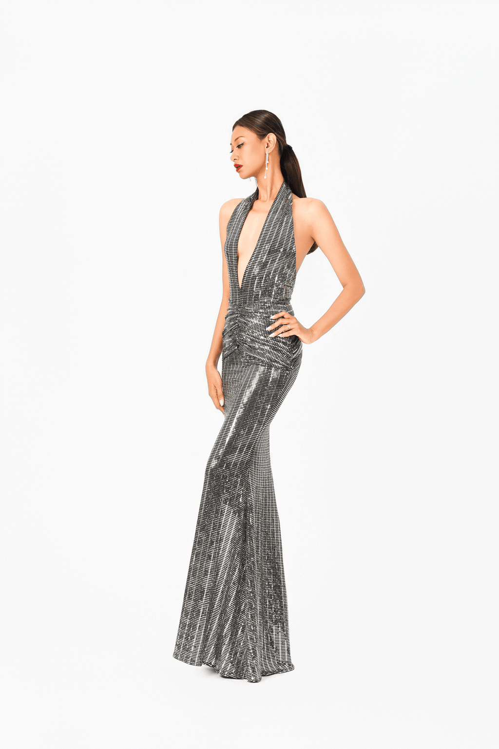 Deep-V Pleated Evening Dress