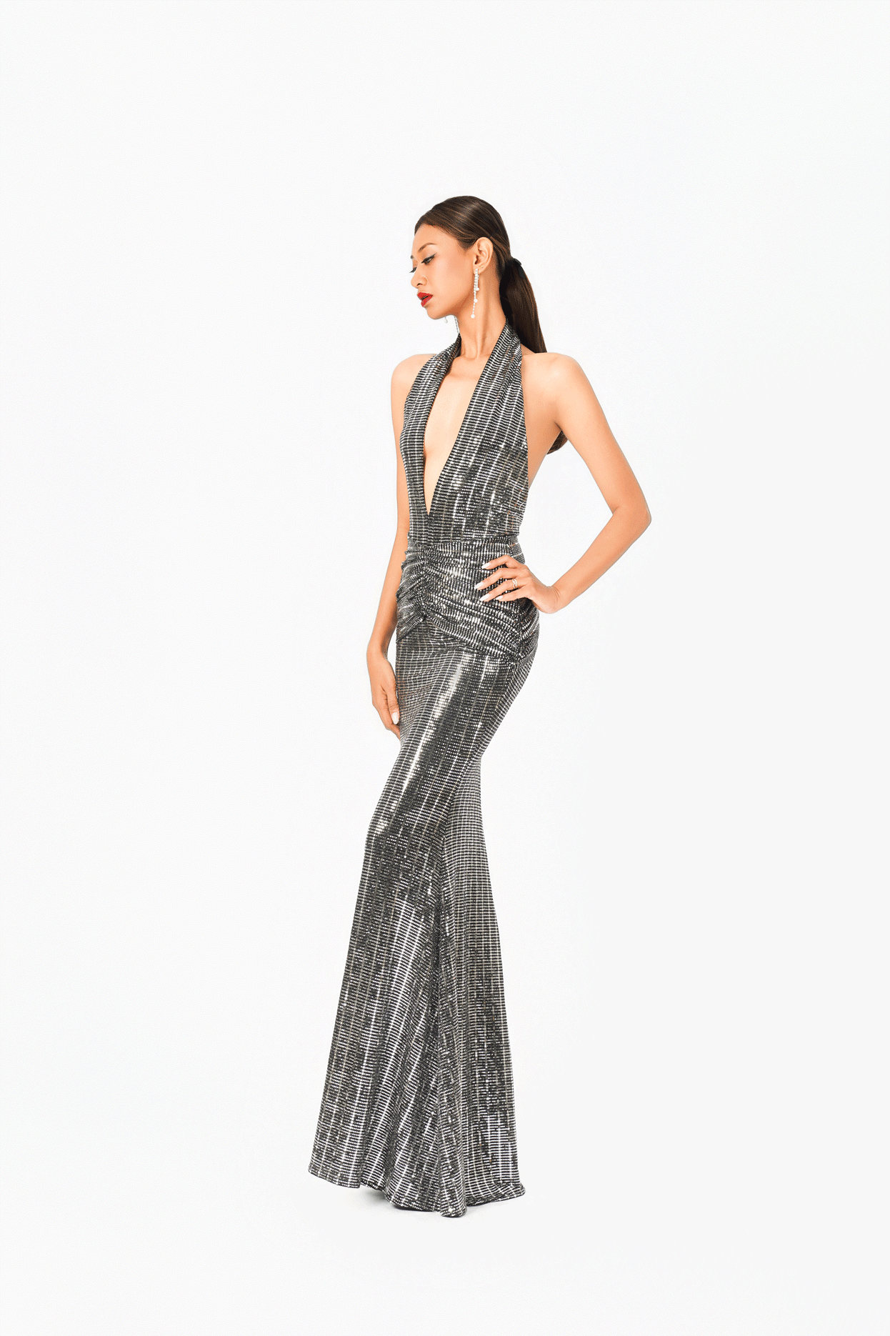 Deep-V Pleated Evening Dress
