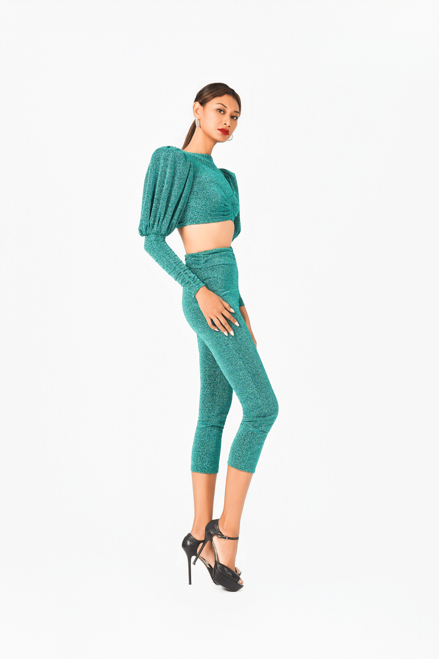 Volume Shoulder Long Sleeves Crop Top