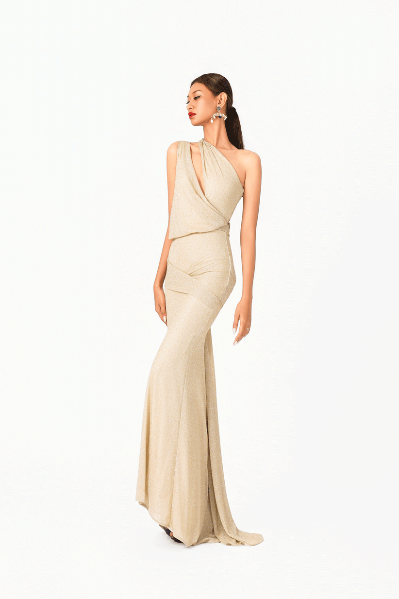 Asymmetric Deep-V Shinning Chiffon Evening Dress