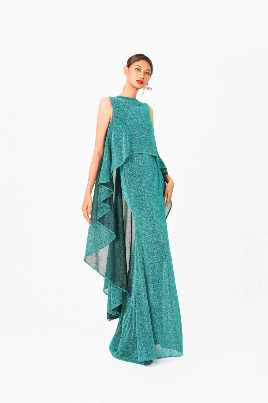 Volume Ruffled Sleeveless Evening Dress
