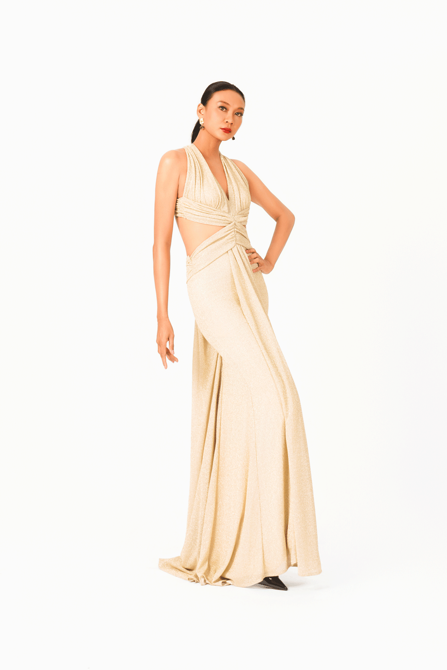 Deep-V Evening Dress with Cut-Out Detail