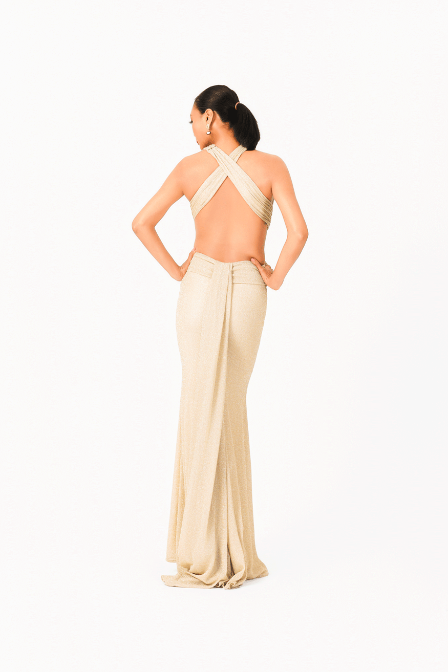 Deep-V Evening Dress with Cut-Out Detail