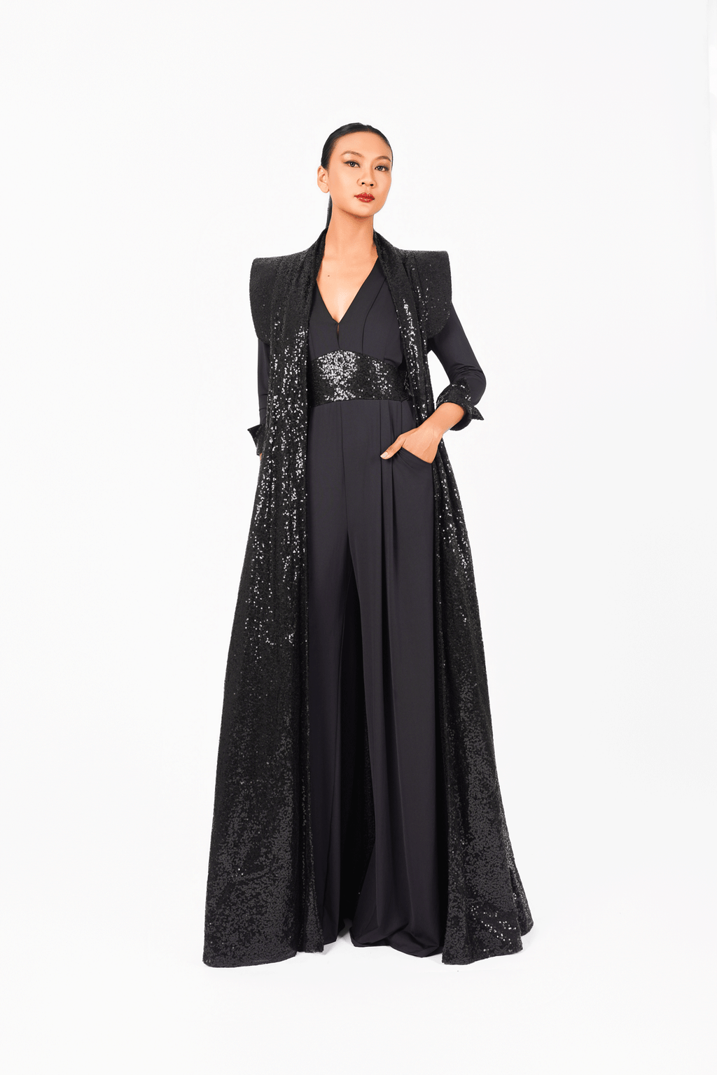 Deep-V Long Sleeves Sequin Jumpsuit