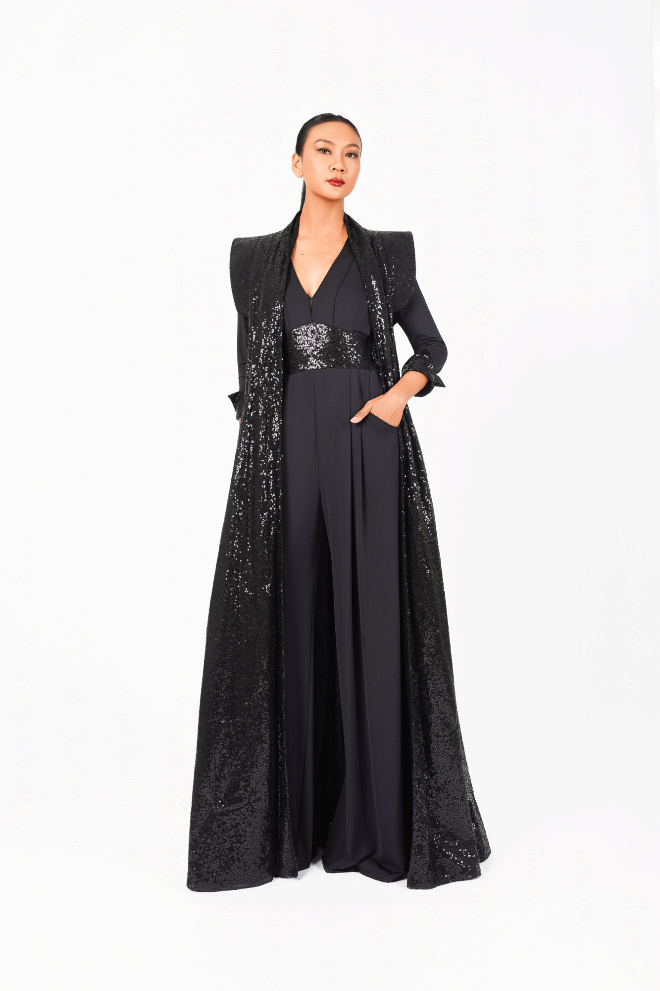 Deep-V Long Sleeves Sequin Jumpsuit