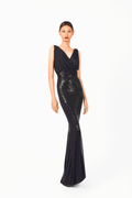 Sleeveless V-Neckline Sequin Black Evening Dress