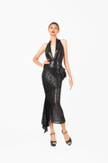 Deep-V Sleeveless Sequin Black Evening Dress