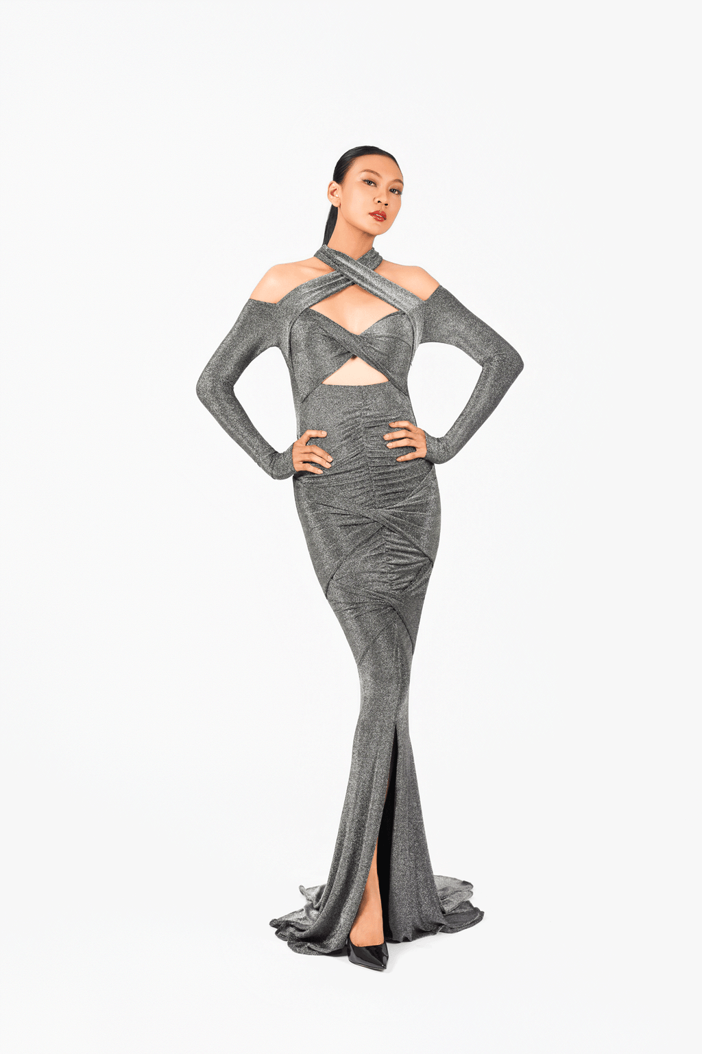 Halter Neckline Long Sleeves Evening Dress