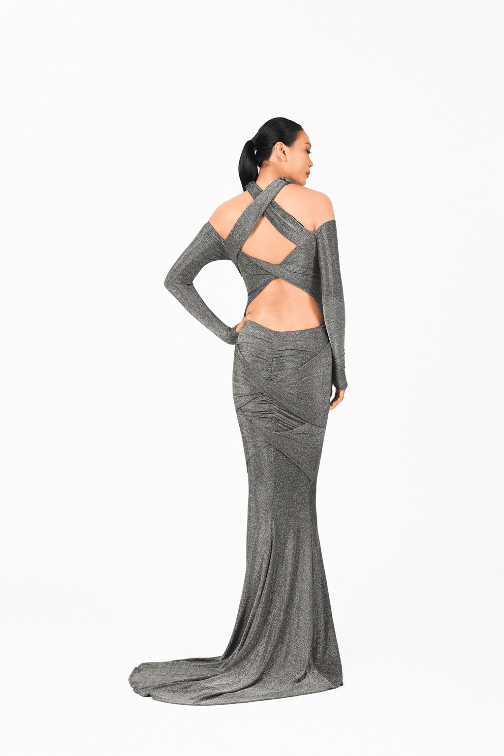 Halter Neckline Long Sleeves Evening Dress