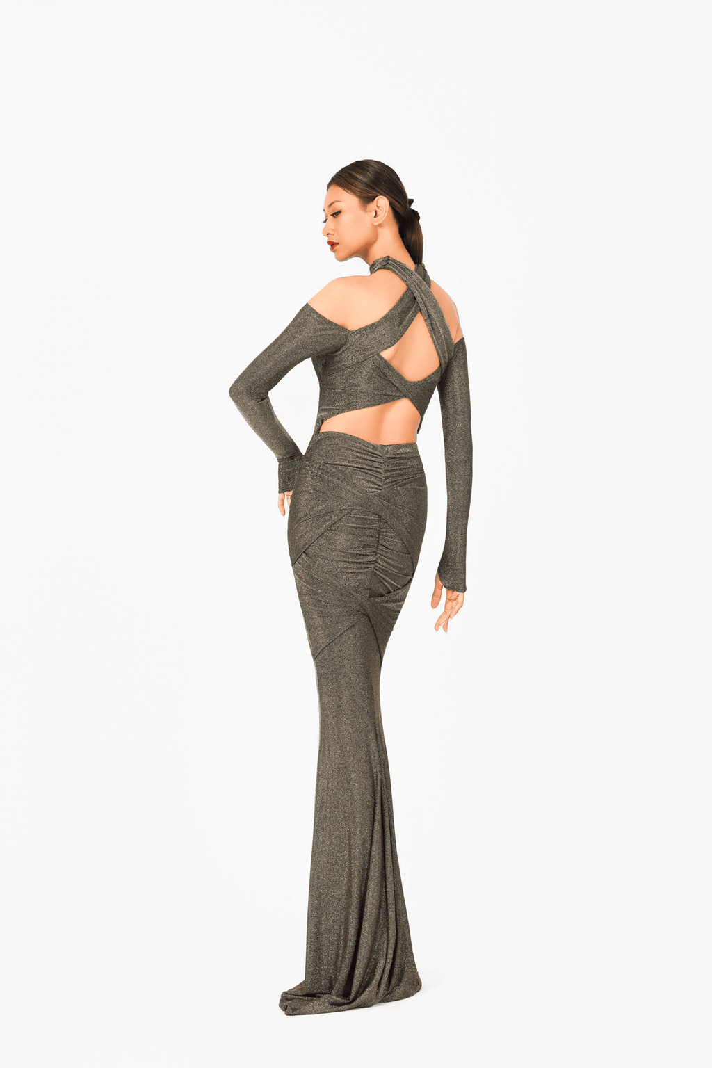 Halter Neckline Long Sleeves Evening Dress