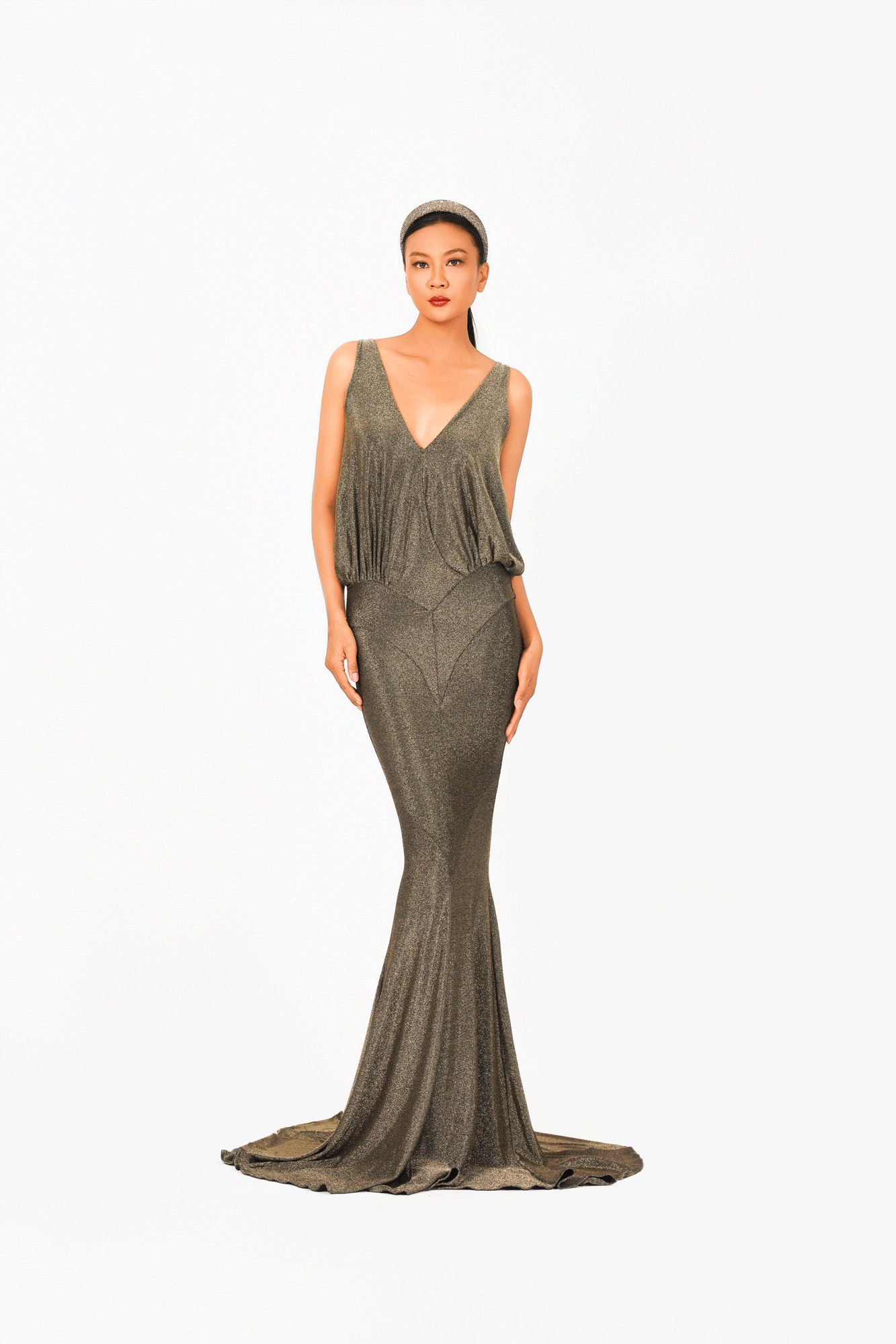 Deep-V Sleeveless Evening Dress