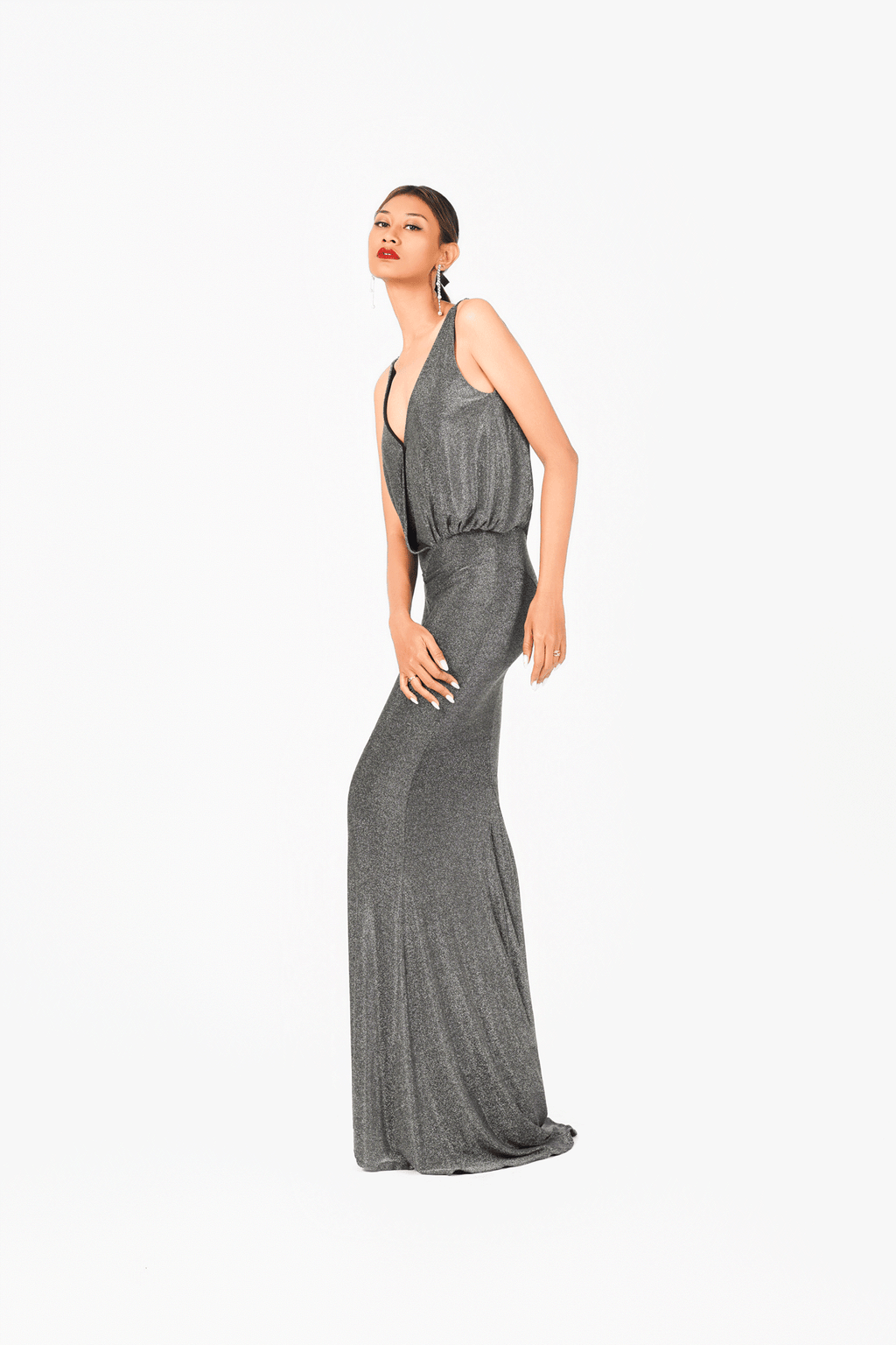 Deep-V Sleeveless Evening Dress