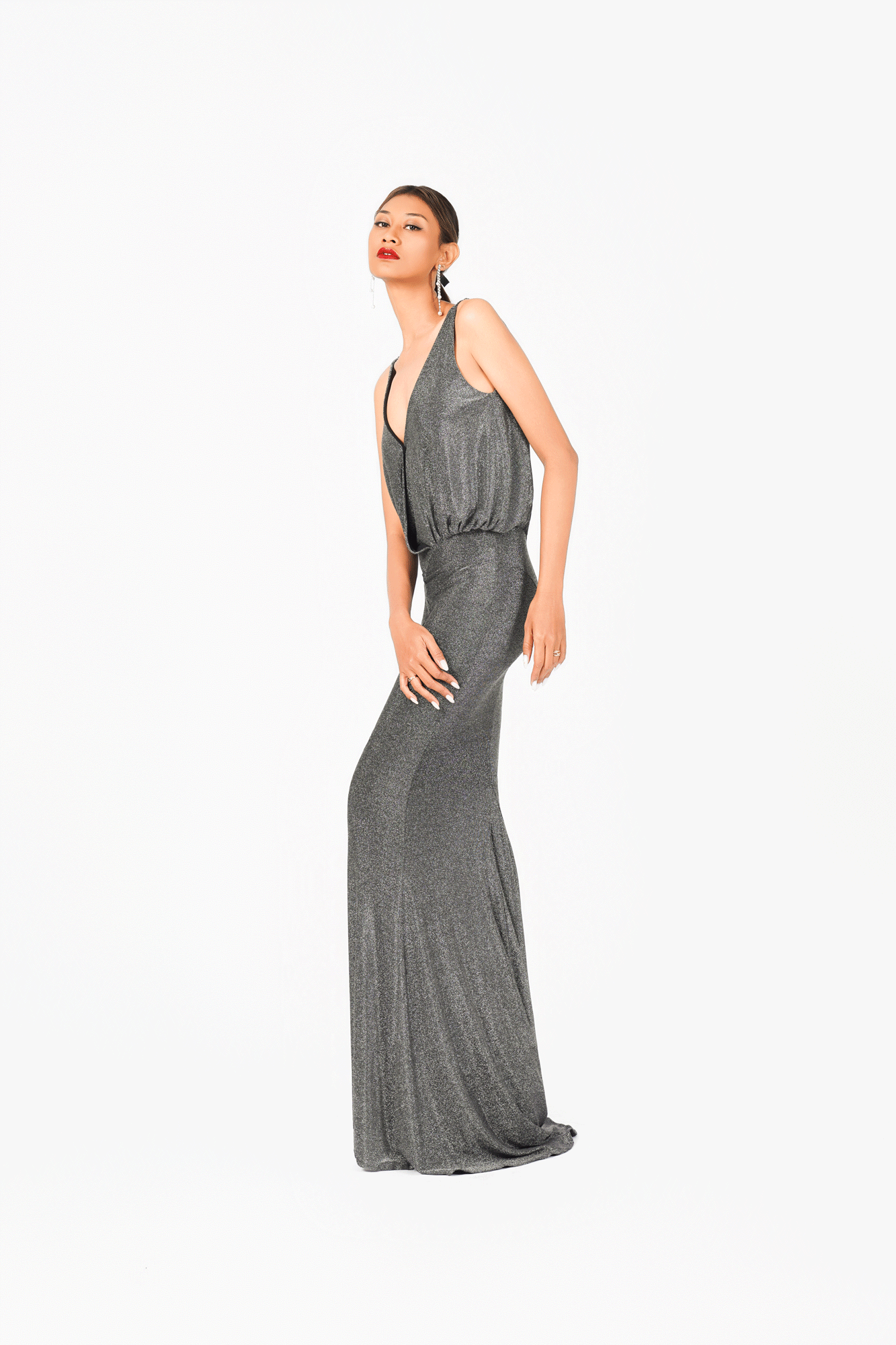 Deep-V Sleeveless Evening Dress