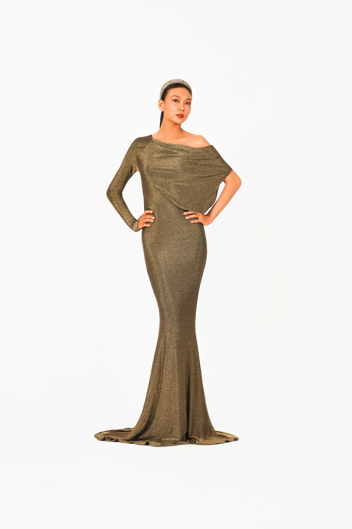 Asymmetric Off-Should Long Sleeves Evening Dress
