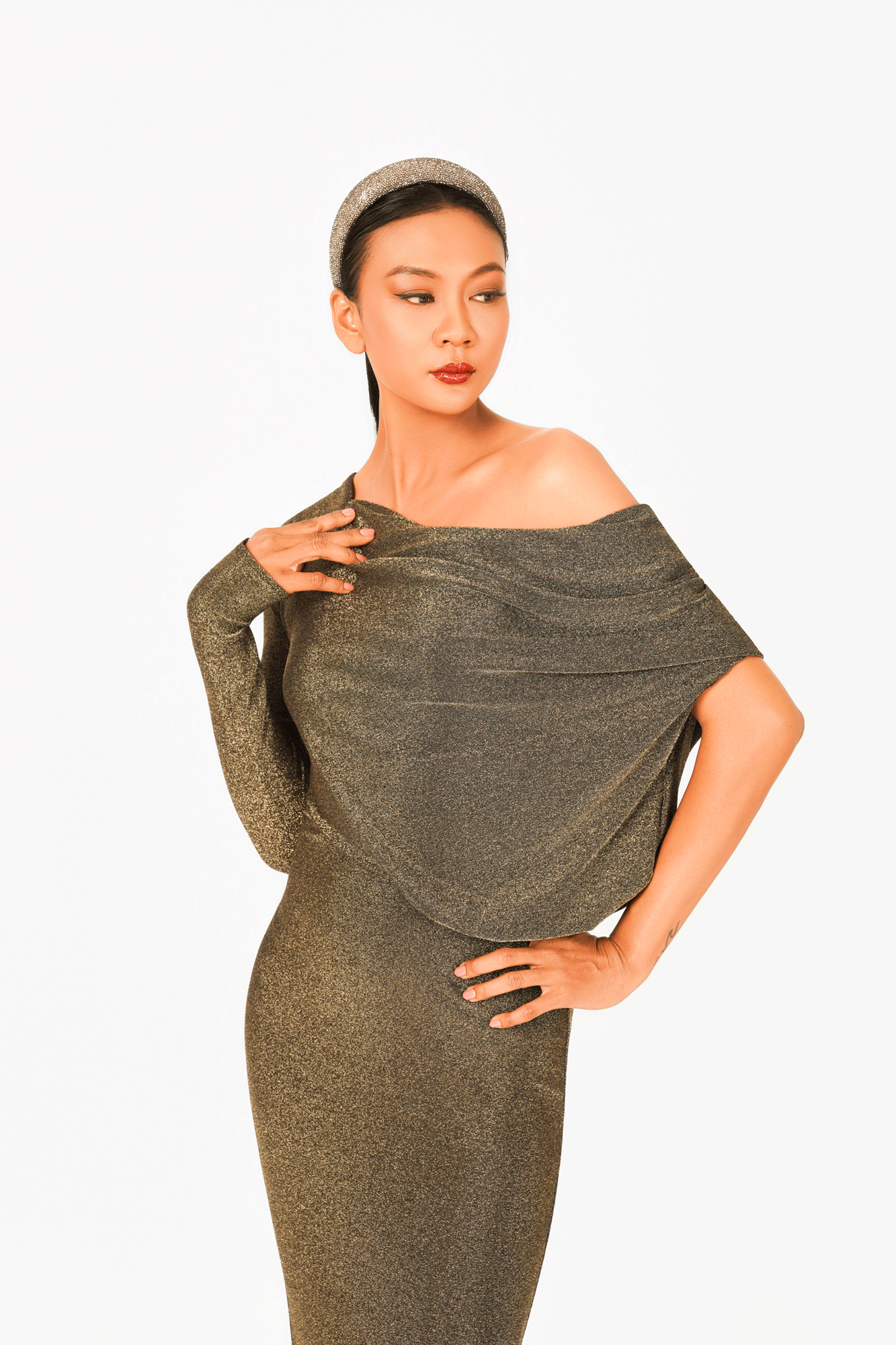 Asymmetric Off-Should Long Sleeves Evening Dress