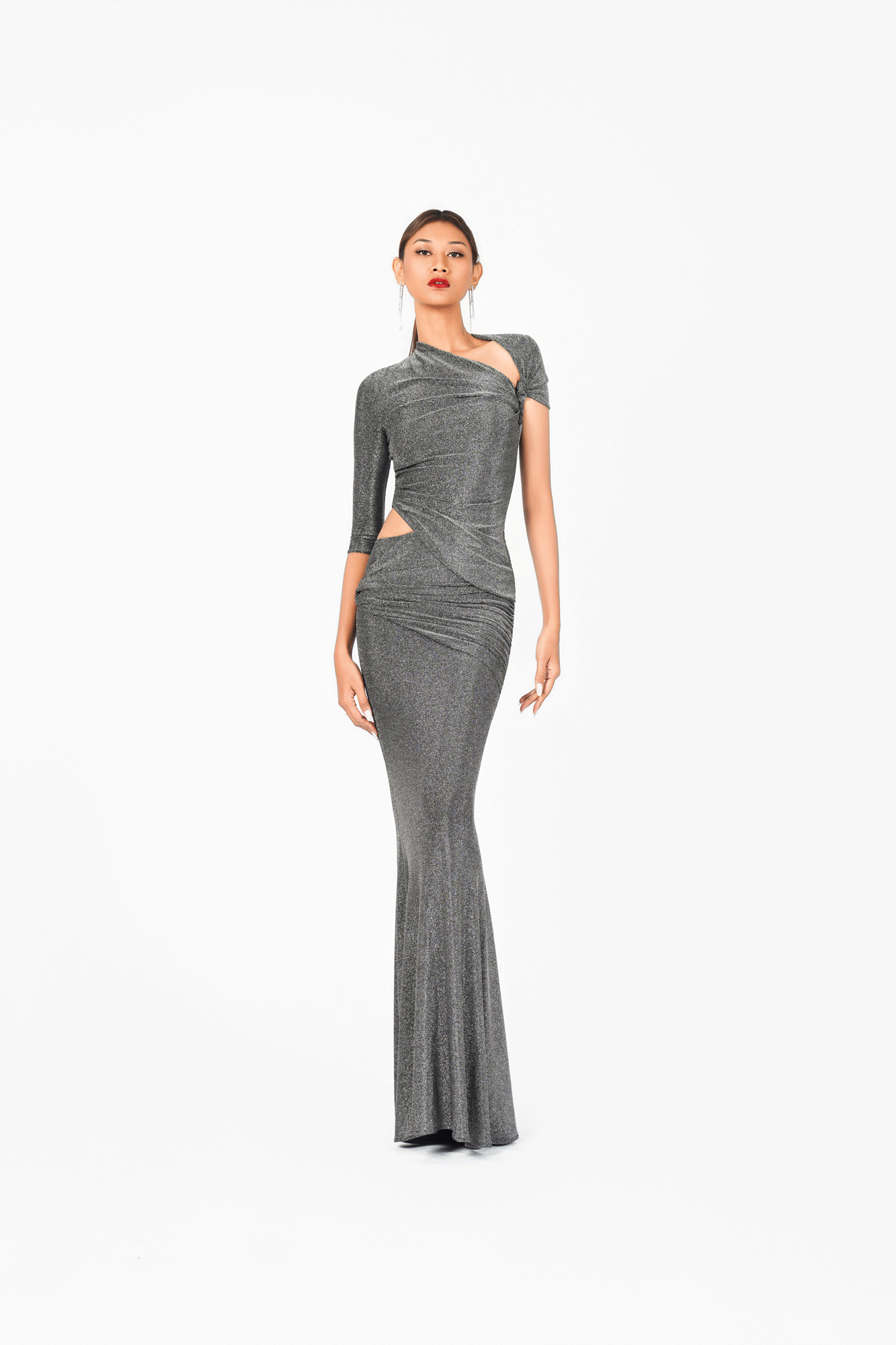 Asymmetric Short Sleeves Evening Dress