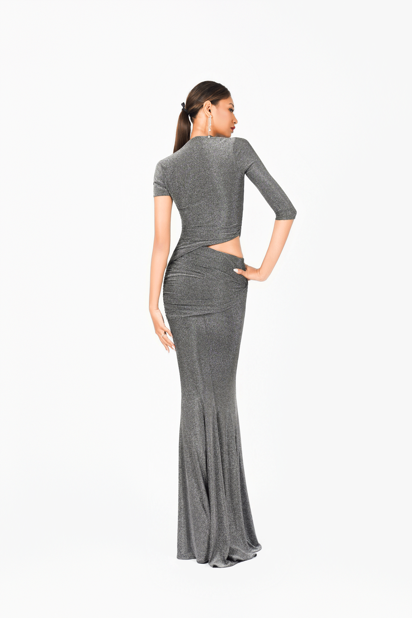 Asymmetric Short Sleeves Evening Dress